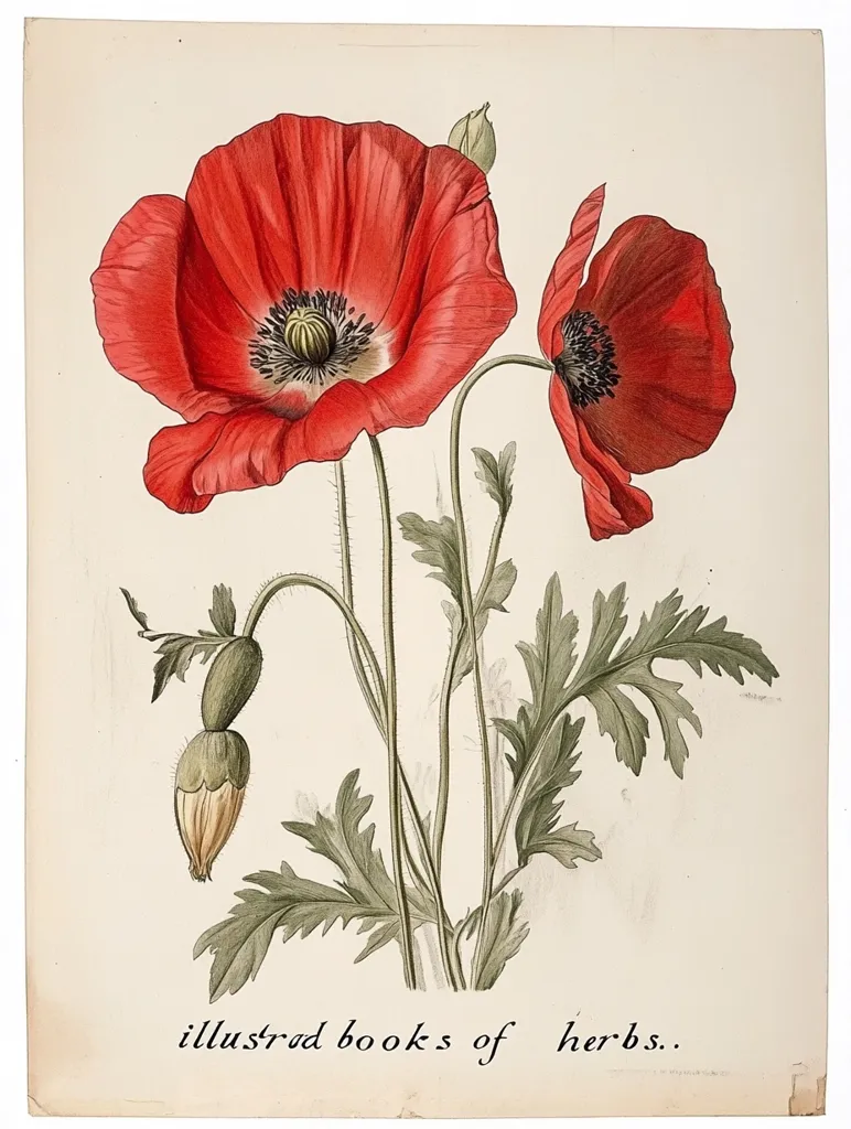A botanical illustration of two bright red poppy flowers with green stems and leaves. The flowers are in full bloom, with their delicate petals open wide. The drawing is detailed and realistic, showcasing the beauty of these vibrant flowers. The caption at the bottom reads "illustrated books of herbs."