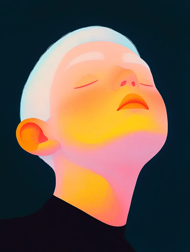 The image features a close-up portrait of a person with short, white hair. They are wearing a black turtleneck and have their eyes closed, their head tilted back slightly. The lighting is dramatic, casting warm yellow and pink tones across their face and neck, highlighting their features against the dark background. The overall mood is serene and contemplative.