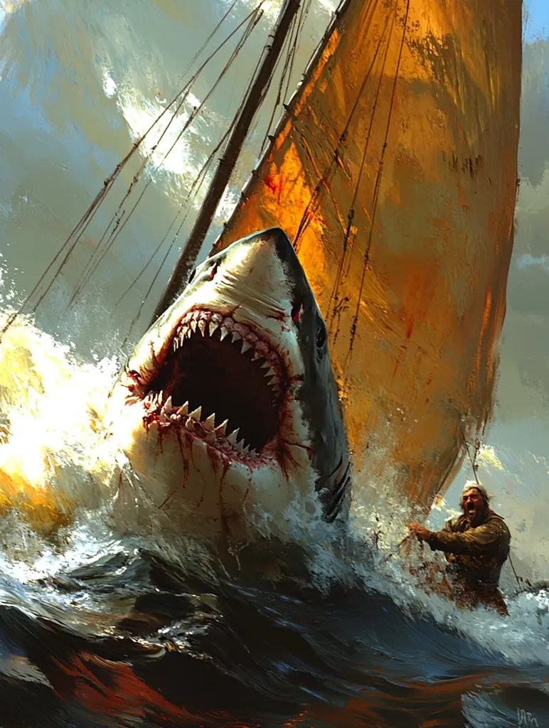 A great white shark with its jaws agape, is attacking a small sailboat. The shark is emerging from the water, its white body contrasted against the churning waves. The sailboat, with its orange sail, is being pulled down by the shark’s force. A man in a brown jacket clings to the sailboat, his face filled with fear. The sky is a stormy gray, mirroring the perilous scene.