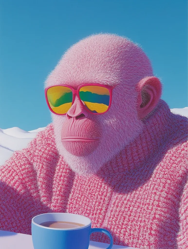 A pink-furred monkey, wearing pink sunglasses and a pink knitted sweater, sits with a blue mug of coffee in front of him. The background is a snowy landscape with a clear blue sky.  The monkey's expression is calm and contemplative.  The image has a surreal, dream-like quality.  The contrasting colors and textures create a striking visual composition.