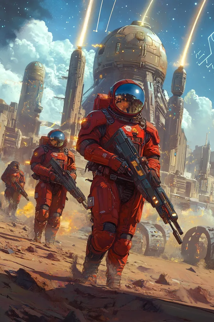 Three astronauts in red suits and helmets walk through a deserted, futuristic landscape.  The ground is a rusty red and the sky is a pale blue with wispy white clouds.  A large, round building with a segmented dome stands in the background,  and in the distance, other structures are visible.  Blazing trails of light streak across the sky, as if from spaceships.  The astronauts appear to be carrying weapons.  The scene suggests a battle has recently occurred.