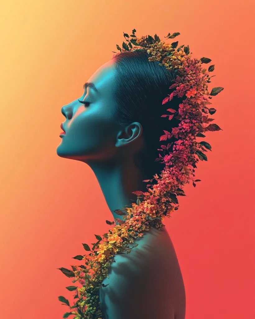 A woman with teal skin is adorned with a crown and necklace of colorful flowers. The background is a vibrant orange gradient, creating a striking contrast.  The woman's head is tilted back, her eyes closed, as if lost in thought or enjoying a moment of peace.  The image has a surreal and ethereal quality, suggesting a connection to nature and beauty.