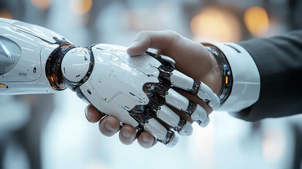A futuristic robotic hand, crafted from sleek white metal and glowing circuitry, shakes the hand of a human wearing a suit. The image suggests a collaboration between human and artificial intelligence, symbolizing the potential for a future where technology and humanity coexist. The background is blurred, emphasizing the focus on the handshake and its symbolic meaning.