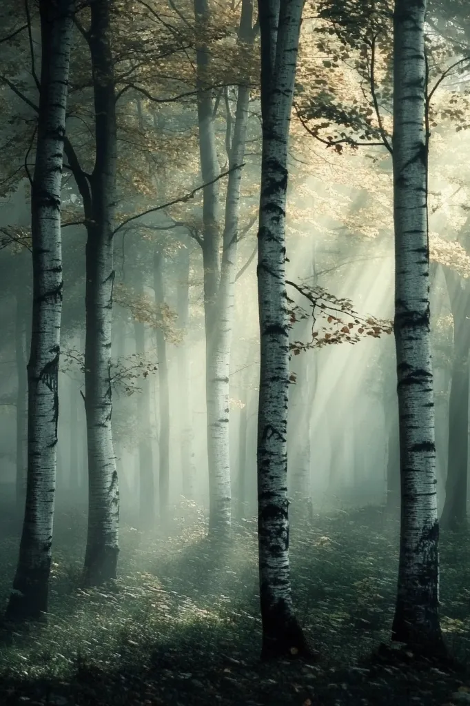 A dense forest of tall birch trees is shrouded in fog. The sun's rays pierce through the mist, creating a luminous path through the trees. The air is still and quiet, giving the scene a sense of mystery and tranquility. The soft light illuminates the rough bark of the birch trees, revealing their unique texture and patterns. The forest floor is covered in fallen leaves and a layer of moss.