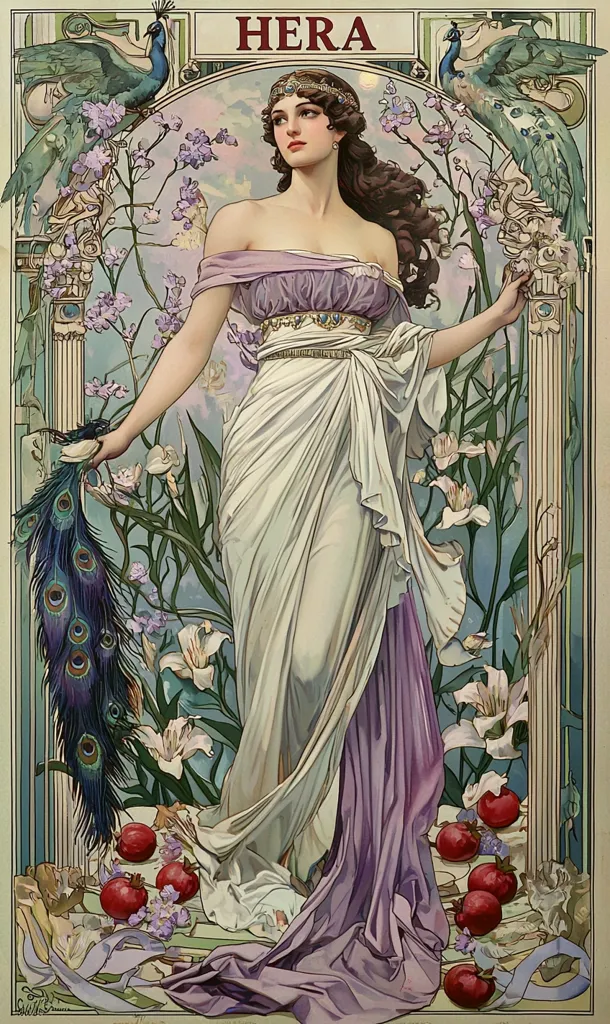 The image depicts Hera, the Greek goddess of marriage and women, standing in a garden setting. She wears a flowing white dress with a purple sash, and her hair is adorned with a crown.  Two peacocks are present, one on each side of the image, adding a sense of regality and elegance. The garden is filled with blooming flowers, suggesting a lush and vibrant environment. The image evokes a sense of beauty, power, and grace.