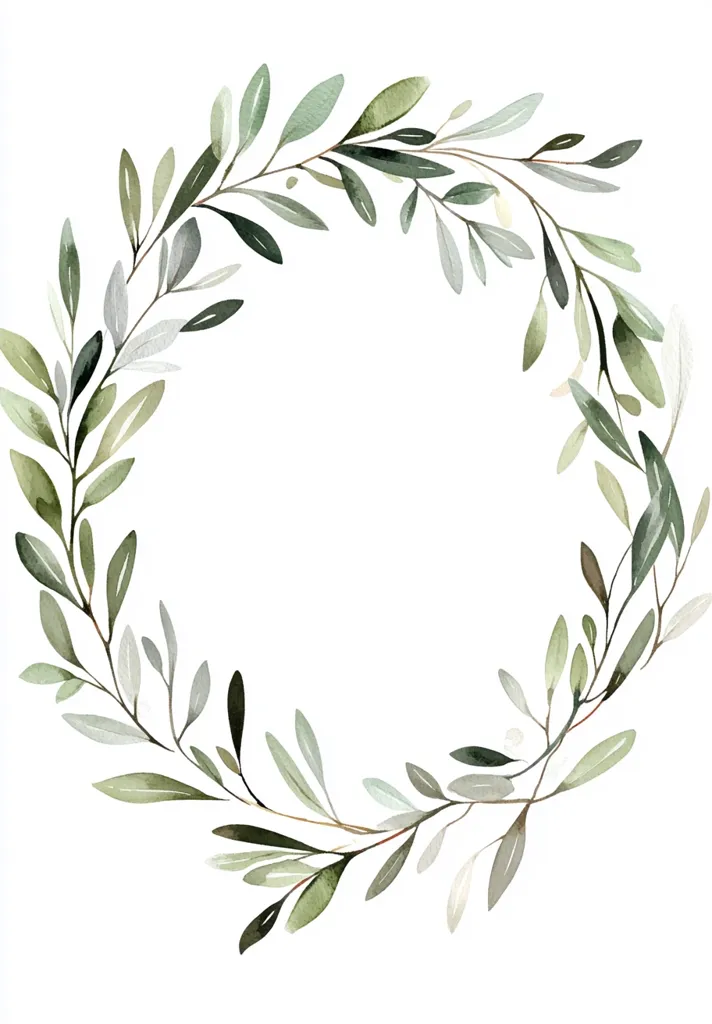 The image shows a watercolor painting of a leafy wreath. The leaves are in shades of green, and they are arranged in a circular shape. The wreath is simple and elegant, with a delicate and natural feel. It could be used as a decorative element for a variety of purposes, such as a wedding invitation, a greeting card, or a social media post.