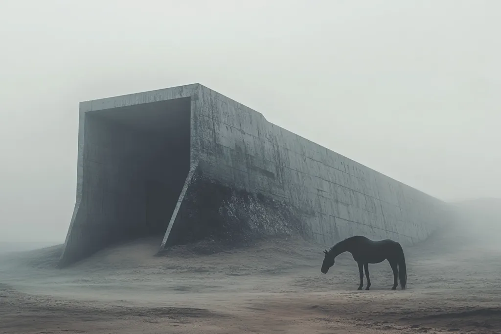 A lone horse stands in a desolate, foggy landscape. A large, concrete structure with a dark opening stretches out in the distance, creating a sense of mystery and isolation. The overall scene is muted in tone, with the horse's silhouette and the imposing architecture adding to the feeling of solitude.