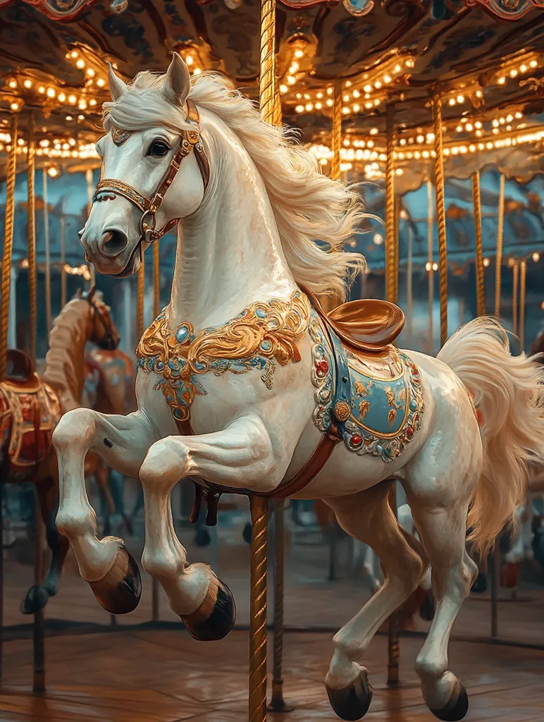 A white carousel horse with a golden ornate saddle and bridle stands proudly in a carousel. It has a flowing mane and tail. The horse is in mid-stride, and its legs are raised in the air. The background is blurry and shows other horses and the carousel's golden lights.  The horse is a focal point, inviting the viewer to imagine the joyful sounds of the carousel.