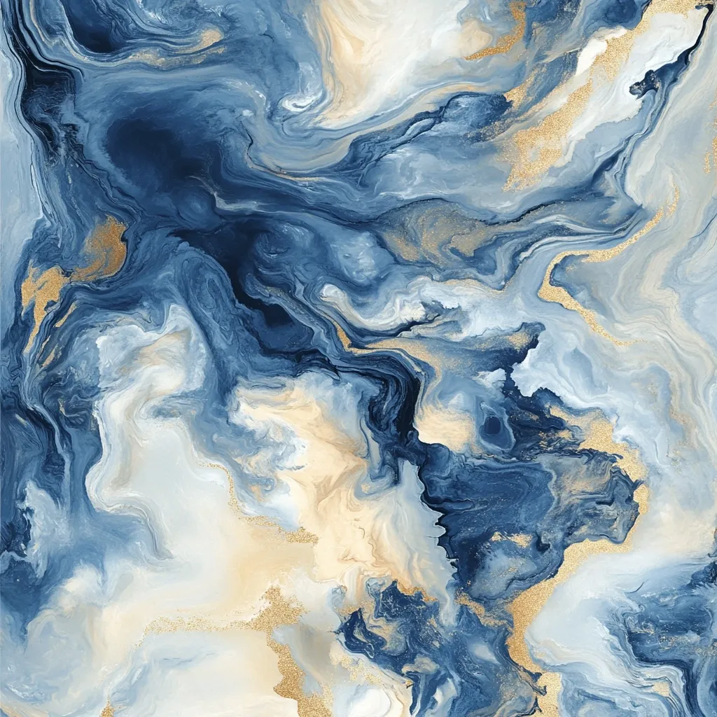 The image is an abstract painting with swirling blue, white, and gold hues. The blue dominates the painting, creating a sense of depth and movement. The white swirls create a sense of light and airiness, while the gold accents add a touch of luxury and sparkle. The overall effect is mesmerizing and calming, with a dynamic interplay of colors and textures.