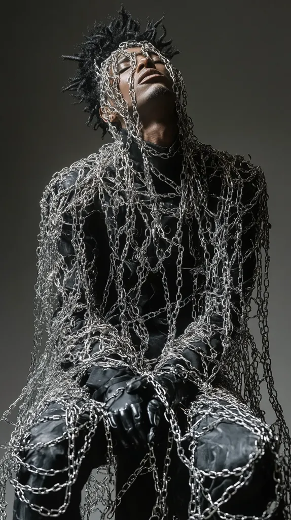 A person with short, dark hair is completely covered in silver chains, appearing trapped or restrained. They are seated with their eyes closed, suggesting a sense of vulnerability or surrender. The dark background emphasizes the contrast and the dramatic effect of the chains.