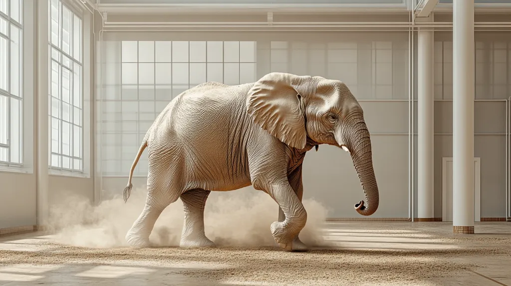 A large elephant runs through an empty room, kicking up dust as it moves. It's running on a sandy floor, and the room is bare except for a few large pillars and large windows on the left. The elephant's trunk is down and its eyes are closed. The image conveys a sense of power and movement, as if the elephant is unstoppable in its course.  The contrast between the size of the elephant and the emptiness of the room highlights the animal's dominance.  The image is likely intended to be symbolic, with the elephant representing strength, determination, or the ability to overcome obstacles.