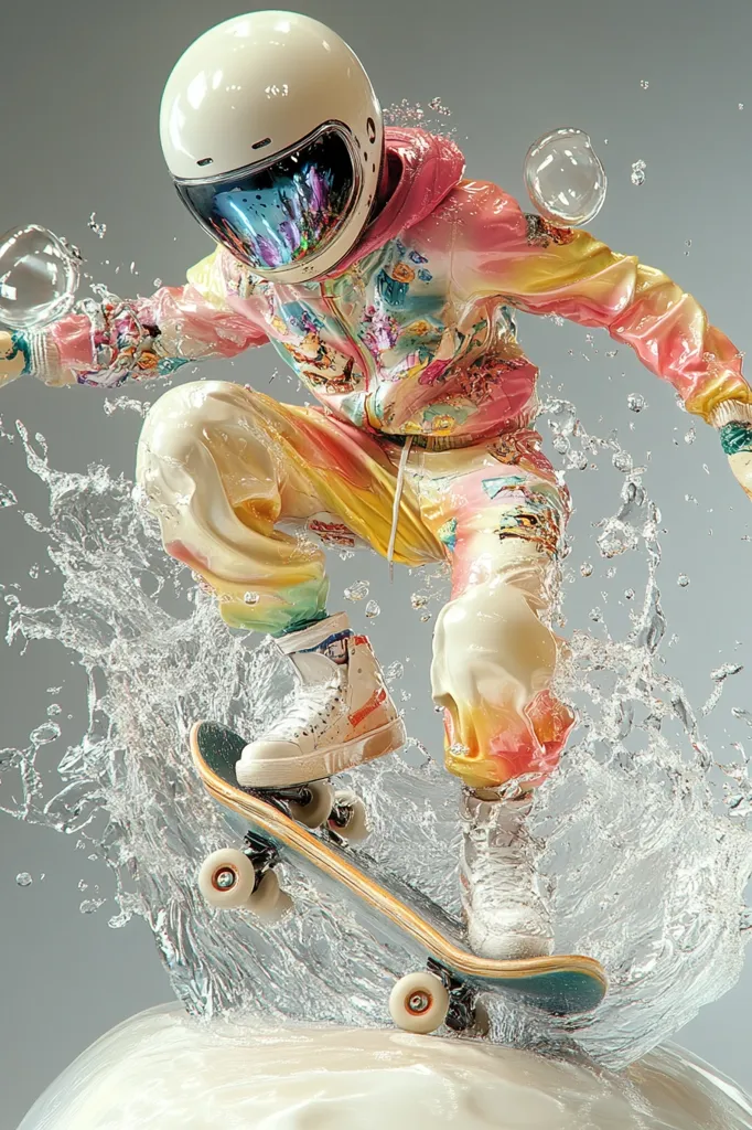 A person in a colorful jumpsuit and helmet is skateboarding. They are surrounded by a spray of water, creating a dynamic and energetic image. Bubbles float around them, adding to the whimsical atmosphere. The skater is mid-air, their feet firmly planted on the board, showcasing their skills. The image is bright and playful, capturing the thrill of skateboarding.
