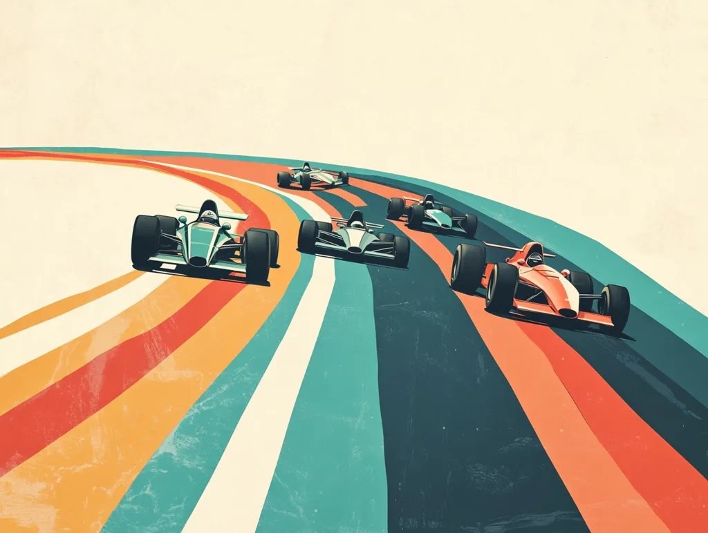 Five race cars speed along a curved racetrack with colorful stripes.  The cars are a mix of green, blue, and red. The background is a light beige with a faded, worn look. The image evokes a sense of speed and competition.