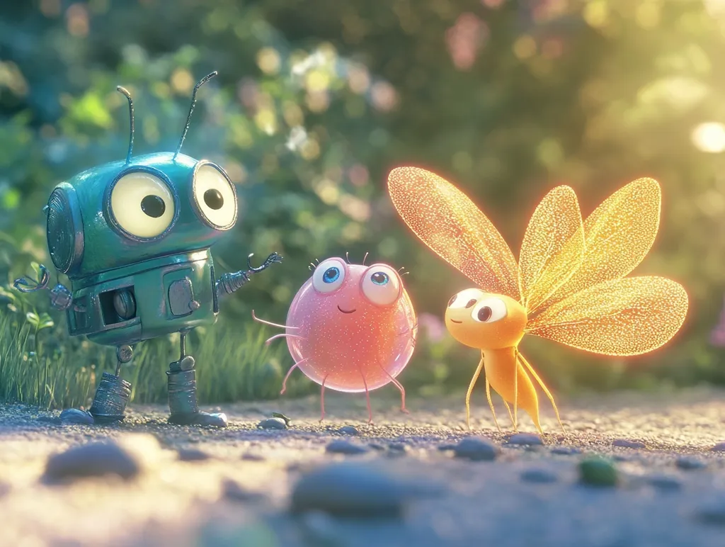 The image depicts three cartoon characters in a whimsical forest setting. A green robot with large eyes stands on the left, a pink, blob-like creature is in the center, and a yellow, winged insect with shimmering wings is on the right. The characters are all smiling, creating a cheerful and friendly atmosphere. The warm sunlight filtering through the trees adds to the overall sense of joy and wonder.