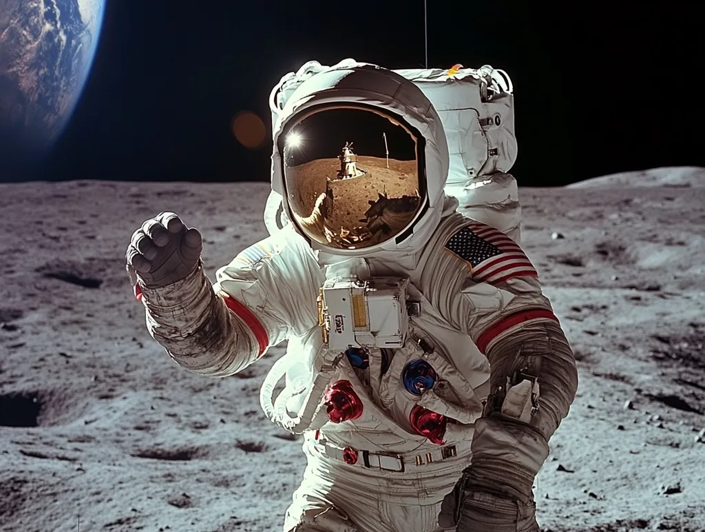 An astronaut in a white spacesuit stands on the surface of the moon. He is wearing a helmet with a reflective visor that shows a glimpse of the lunar landscape. The astronaut's left arm is extended, his gloved hand raised in a gesture of excitement or wonder. The Earth hangs in the black sky, a small blue marble against the vastness of space. The astronaut's suit features the American flag on the left shoulder. The image captures the awe-inspiring moment of human exploration in the cosmos.