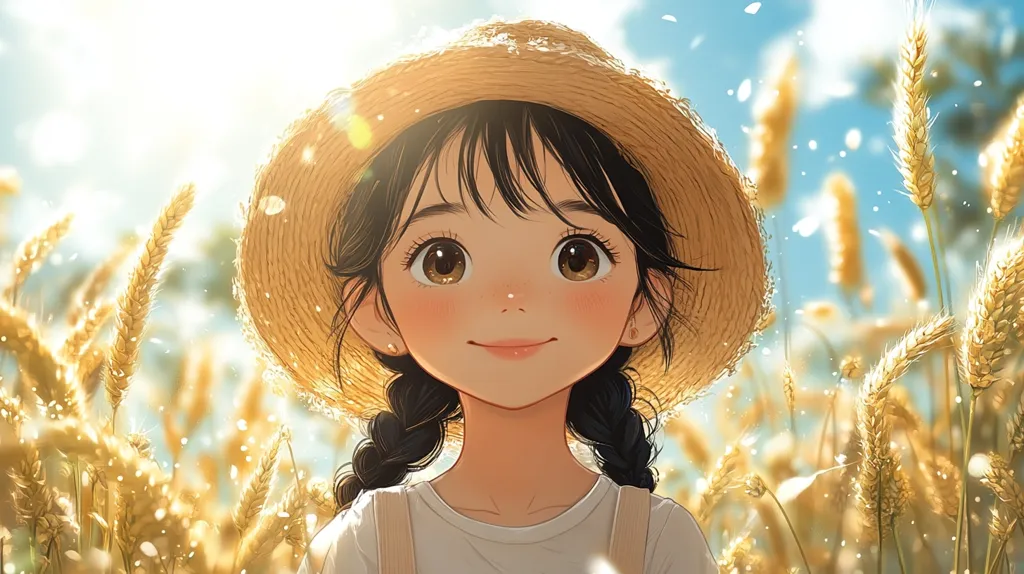 The image depicts a young girl with long black hair braided into two pigtails, wearing a straw hat and a white shirt. She is standing in a field of wheat, her face lit up by the sun, and she is looking up with a gentle smile. The background is filled with golden wheat stalks and the sky is a bright blue with small white flecks of light.  The overall image conveys a sense of peace and serenity, and evokes a feeling of summer and sunshine.