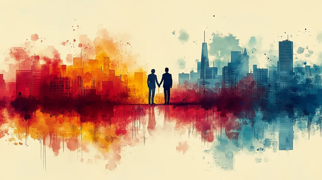 A watercolor painting depicts two men holding hands in front of a city skyline. The city is split in half, one side red and orange, the other blue and green. The cityscape is reflected in a water puddle.  The colors are vibrant and abstract, creating a sense of hope and togetherness.