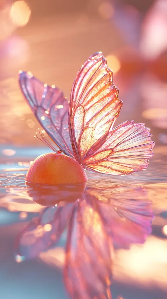 A delicate pink butterfly with translucent wings rests upon a peach-colored fruit, floating on the surface of a still body of water. The sun's warm glow casts a gentle radiance on the scene, creating a soft, ethereal atmosphere. The reflection of the butterfly in the water adds depth and beauty to the composition.