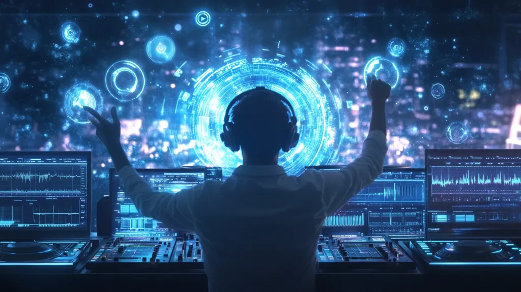 A person wearing headphones and a white shirt stands in front of a computer with glowing blue screens. They are manipulating digital interfaces, their hands reaching out to touch a large holographic circle in the background. The scene is filled with a sense of futuristic technology and digital artistry.