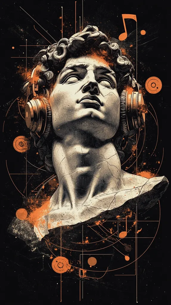The image depicts a classical sculpture of a man's head, rendered in a black and white style. The sculpture is wearing large, modern headphones, creating a jarring juxtaposition of ancient and modern. The background is a dark, abstract composition with splashes of orange paint and geometric shapes.  The overall effect is a blend of classic and modern, suggesting the enduring power of music through time.