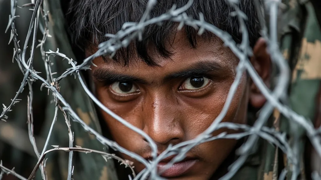 The image shows a close-up of a young man's face partially obscured by barbed wire. His dark eyes are intense and full of emotion, peering through the wire. The image evokes a sense of confinement, struggle, and perhaps even desperation. The barbed wire symbolizes the barriers and challenges he faces, highlighting the harsh realities of life in a conflict zone.  The focus on the eyes emphasizes the young man's vulnerability and resilience.