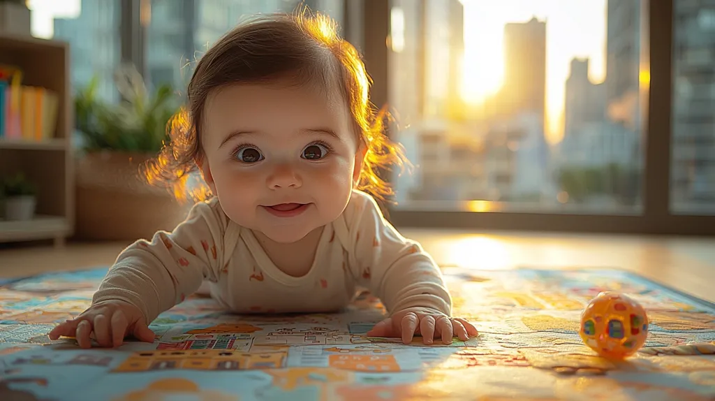A baby with big brown eyes is lying on their tummy on a colorful playmat.  The baby is smiling and reaching out with their hands.  The sun is shining through a window behind the baby, creating a warm glow. There is a yellow and blue toy ball on the mat nearby.  The baby is looking directly at the camera.  The image evokes a sense of joy, innocence, and playfulness.