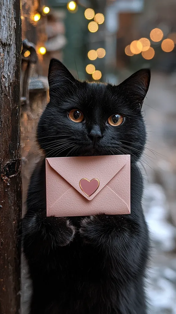 A black cat with bright yellow eyes is holding a pink envelope with a heart on it. It is looking at the camera with a curious expression.  The background is blurred with out-of-focus lights.  The cat is standing against a wooden post.  It is a cute and playful image.  The cat seems to be hiding the envelope from the viewer.