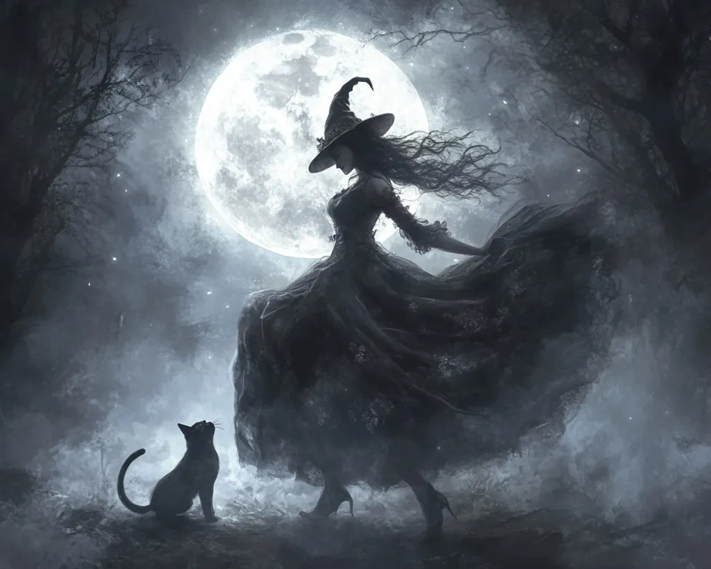 A witch in a black dress and pointed hat stands in a dark forest under a full moon. Her long hair flows in the wind as she turns to look at her black cat companion. The scene is magical and mystical, with a sense of mystery and enchantment.  The moon casts a soft glow on the forest, illuminating the witch and her cat.  The image is a perfect representation of the magic of the night.