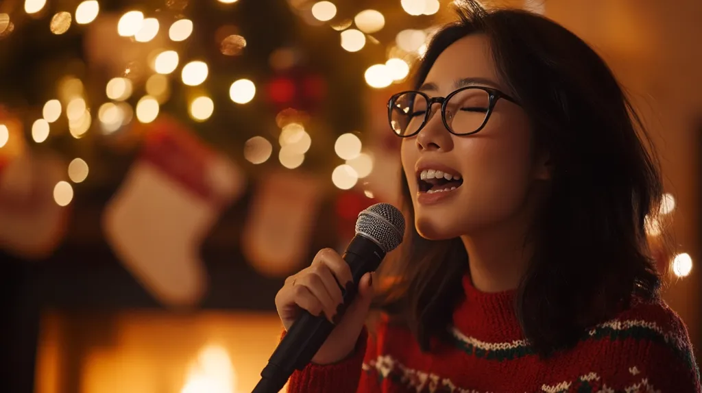 A young woman with long black hair, wearing glasses and a red Christmas sweater, sings into a microphone with her eyes closed. The background is blurry, featuring warm lights and a festive atmosphere. The image captures a moment of joyful celebration and musical expression.