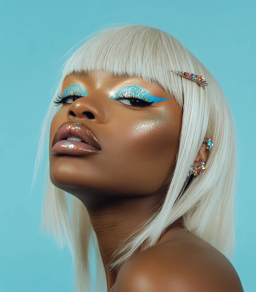 A woman with platinum blonde hair and a blunt bob hairstyle poses for a close-up shot. Her face is adorned with bold makeup, featuring blue glitter eyeshadow, winged eyeliner, and glossy lips. She has a dazzling jewel-encrusted hair clip and earrings. The blue background complements the cool tones of her makeup.  The lighting highlights her skin and features, creating a striking and dramatic look.