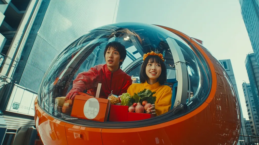 A young man and woman are riding in a futuristic bubble-shaped vehicle. The man is wearing a red jacket and the woman is wearing a yellow sweater. They are both looking out of the vehicle's window, which is made of clear glass. The vehicle is orange and has a silver trim.  The vehicle is driving through a city with tall buildings in the background.