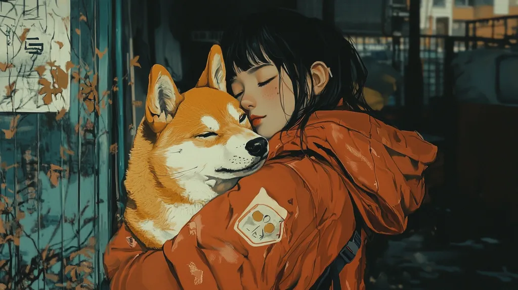 The image depicts a young woman with long black hair wearing a bright orange jacket, hugging a Shiba Inu dog. The woman has her eyes closed and a gentle expression on her face, suggesting a moment of peace and affection. The background is blurred and out of focus, emphasizing the intimate connection between the woman and her pet. The warm colors of the jacket and the dog's fur create a cozy and inviting atmosphere.  The image highlights the special bond between humans and animals, showcasing their ability to provide comfort and companionship.
