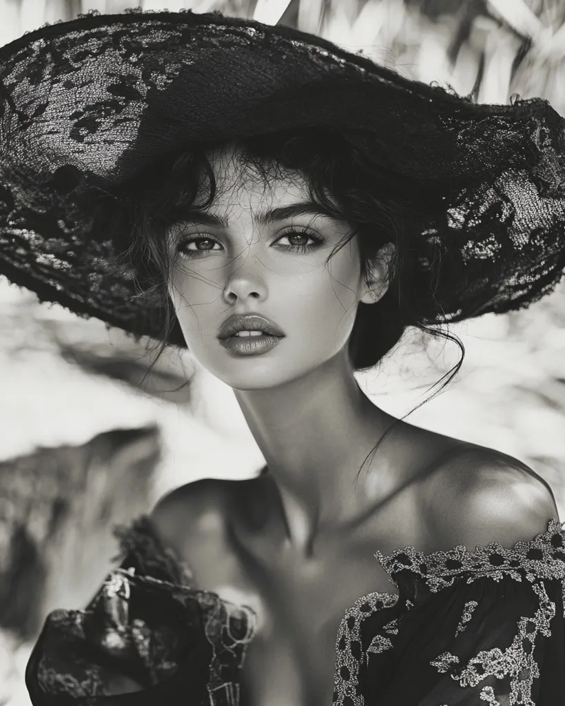 A woman with long, dark hair wears a large black hat with delicate lace trim.  Her face is turned to the side, and her eyes look slightly upwards. Her lips are slightly parted, and her expression is serene. She is dressed in a dark, lace-trimmed garment, and the image is in black and white. The background is out of focus.  The overall mood is one of mystery and allure.
