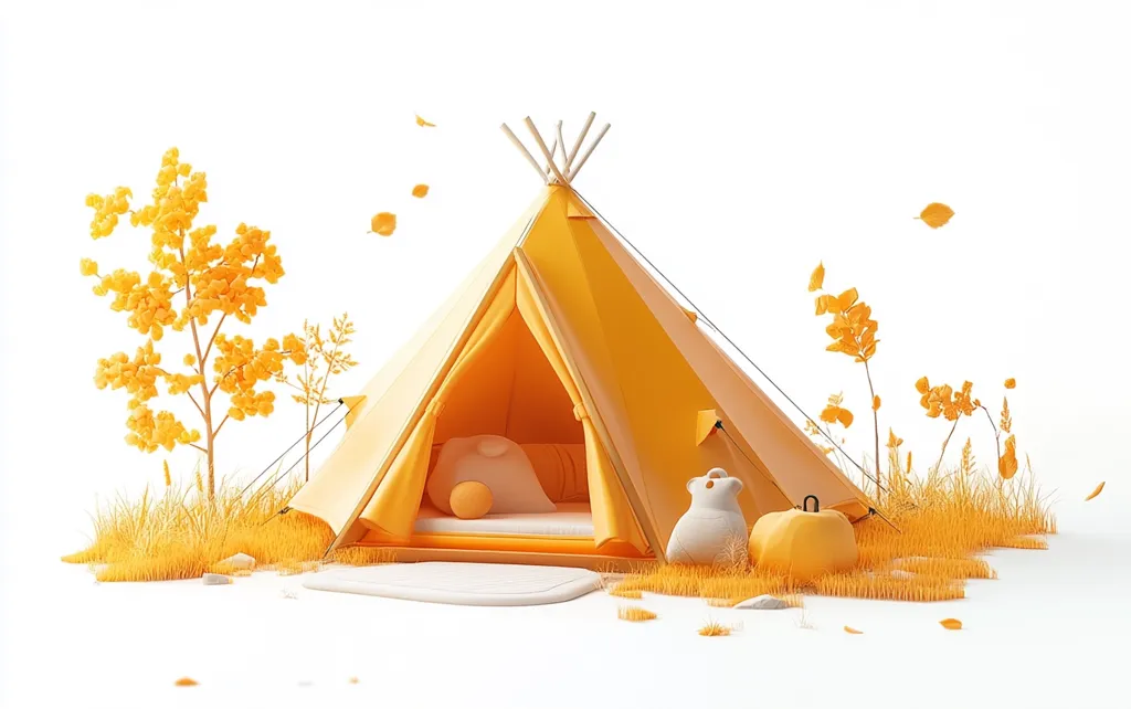 A yellow tent sits in a field of tall grass with small, yellow trees around it. There are a few fallen leaves scattered around, and a white stuffed animal sits in front of the tent, with a small, yellow pumpkin beside it. The scene is simple and whimsical, creating a sense of peace and tranquility.  The overall color scheme is a warm, inviting yellow.