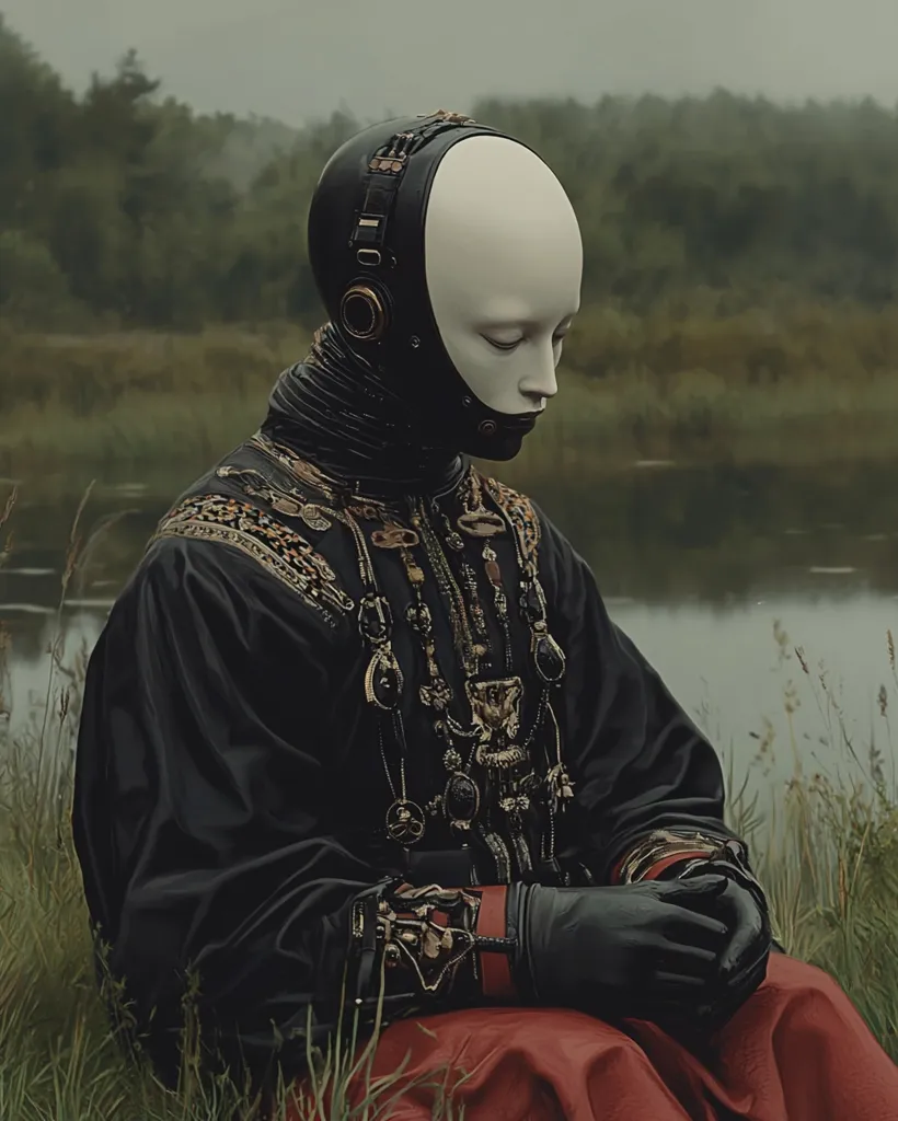 A figure, cloaked in black fabric adorned with gold embroidery, sits by a body of water. Their face is obscured by a white mask with a black rim. They wear a black, futuristic-looking helmet that appears to have multiple gears or cogs.  Their hands are covered in long black gloves, and they are wearing a red skirt. The scene is muted in color and has a misty, ethereal quality.