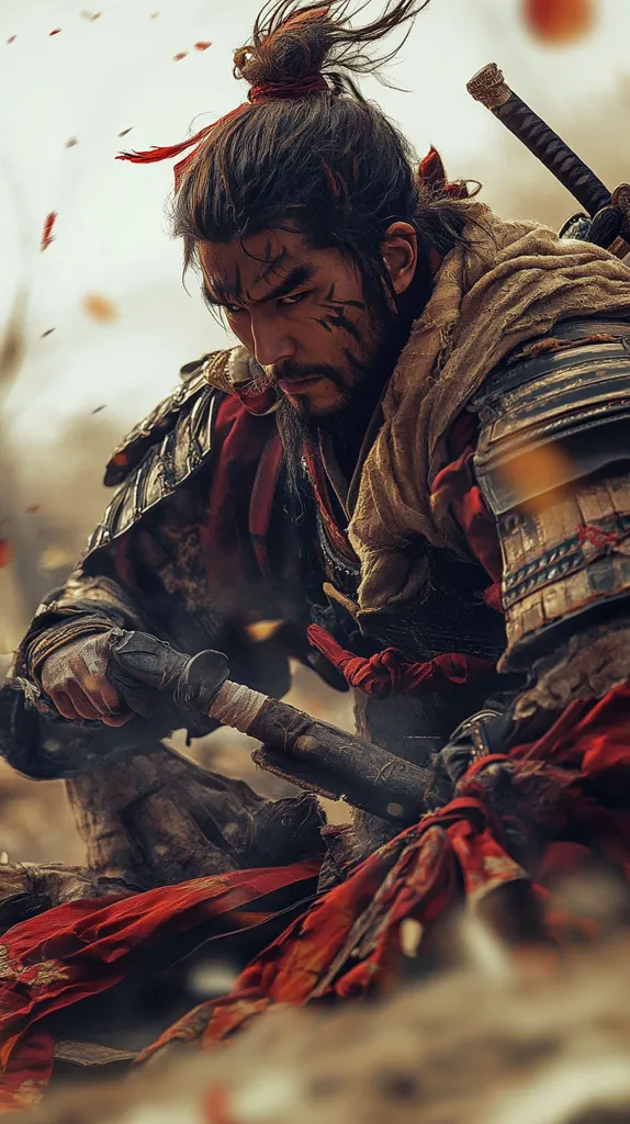 A fierce samurai warrior with long, black hair tied in a topknot, stares intensely with a determined expression. He is dressed in traditional armor and a tattered robe, his face partially obscured by a scar. He is holding a sword, suggesting a moment of battle or preparation for combat. The image is filled with a sense of strength and intensity, reflecting the spirit of a warrior. The background is blurred and filled with flying particles, adding to the dynamic nature of the scene.
