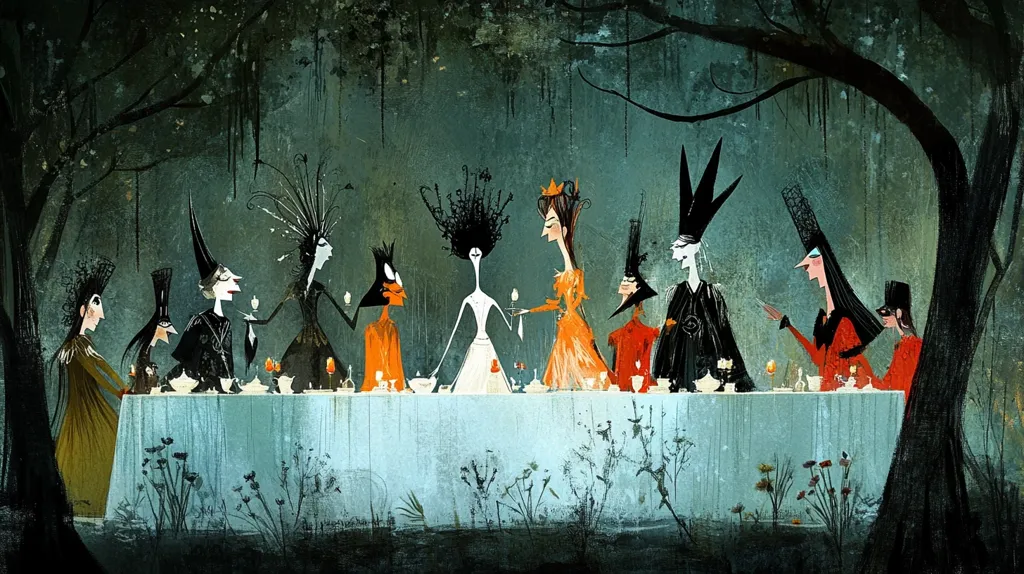 A group of stylishly dressed women are seated at a long table in a forest setting. They are all wearing elaborate hats and gowns and seem to be engaged in conversation. The image has a dark, whimsical atmosphere. The women's faces are pale and their eyes are wide, creating a sense of mystery and intrigue. The forest background adds to the feeling of secrecy and magic.