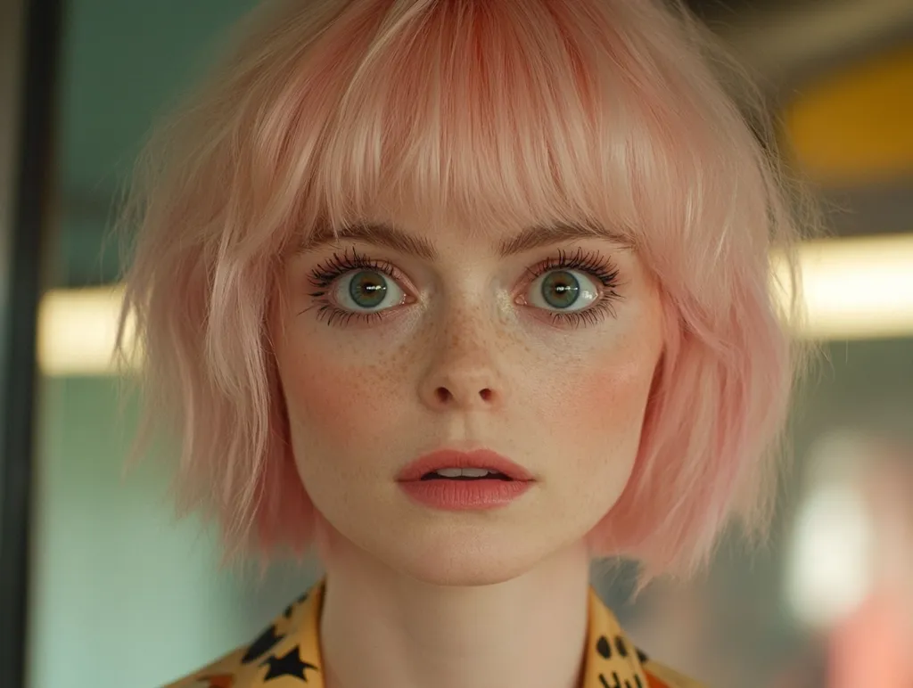 A young woman with short, pink hair and a blunt fringe stares directly at the camera. Her wide, blue eyes are wide with a slight hint of surprise.  She has fair skin with freckles, and a hint of pink blush on her cheeks. The image is soft and has a slightly ethereal feel.