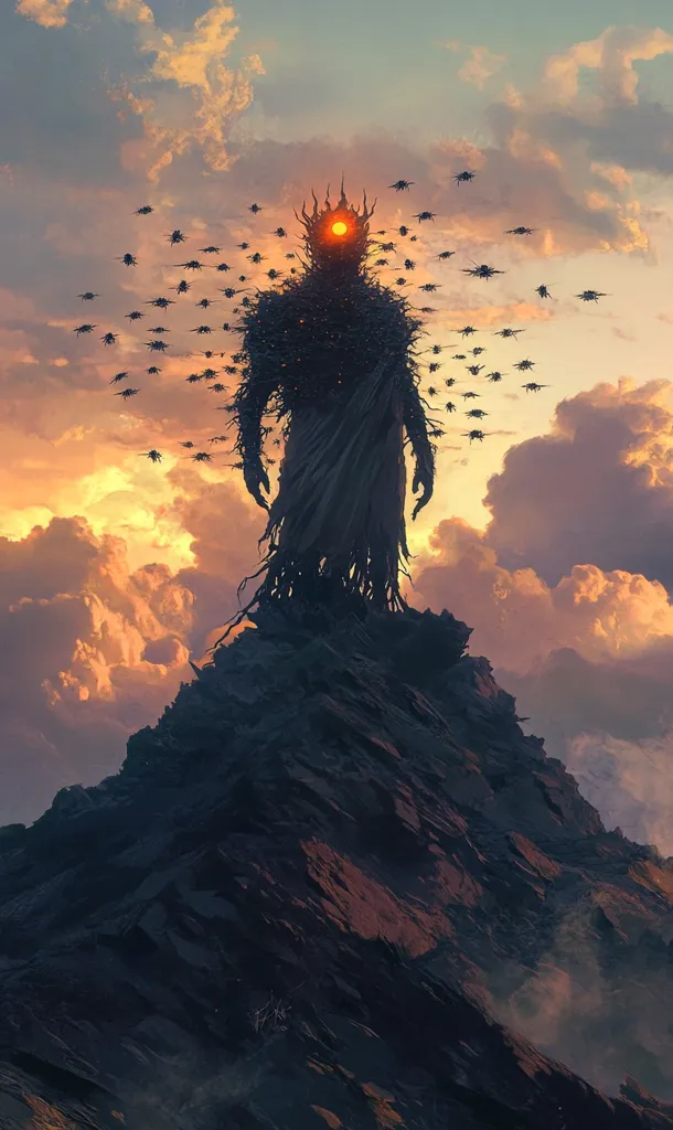 A shadowy figure stands on a rocky peak, silhouetted against a fiery sunset sky. The figure, with a crown of thorns and a glowing eye, is shrouded in darkness and surrounded by a swarm of tiny figures. The scene evokes a sense of power and mystery, with the figure appearing as a menacing and imposing presence.