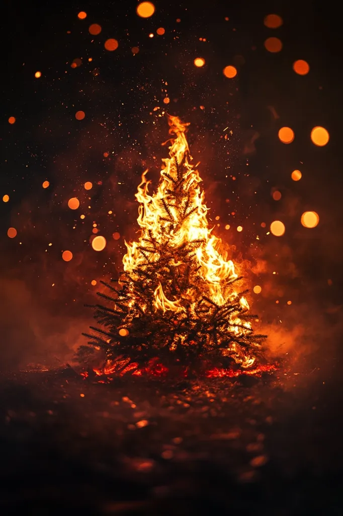 A Christmas tree is engulfed in flames, creating an ominous and fiery spectacle. The tree's branches are consumed by the intense heat, while sparks and embers fly through the air. The background is dark and blurry, with a scattering of bright orange bokeh lights that resemble stars. The scene evokes a sense of both danger and beauty, suggesting a tragic end to a beloved holiday tradition.