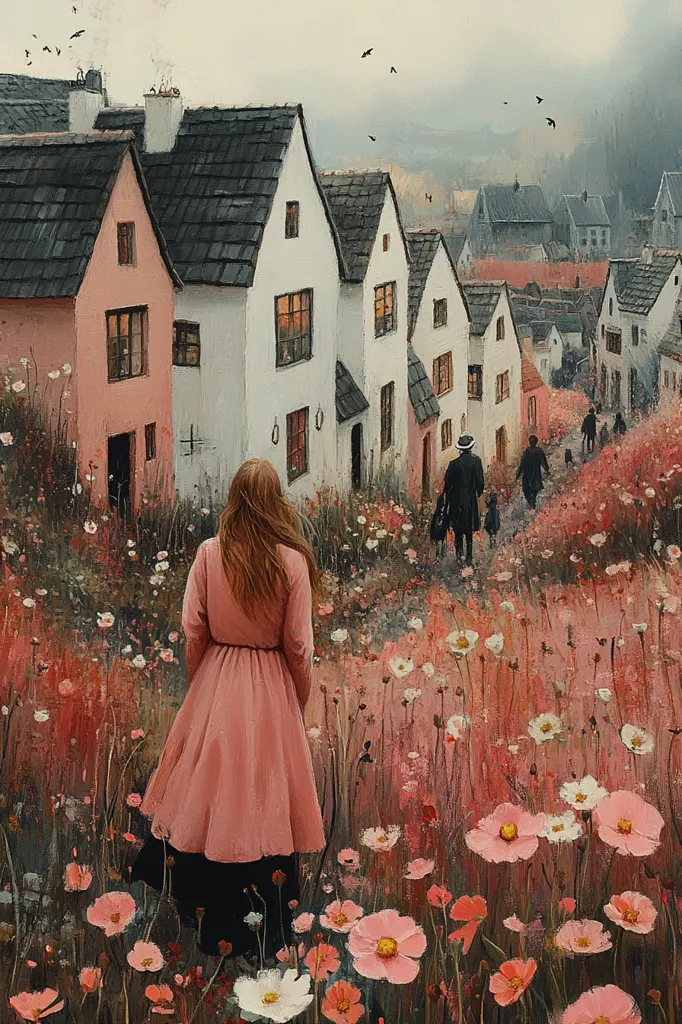 A lone woman in a pink dress stands in a field of pink flowers, gazing towards a quaint village of pastel-colored houses. The houses are nestled on a hillside, with smoke rising from their chimneys. Birds fly overhead, adding to the idyllic and peaceful atmosphere. The painting depicts a sense of solitude and contemplation, with the woman seemingly lost in thought as she admires the beauty of her surroundings.  The image has a soft and dreamy quality, thanks to the muted colors and hazy background.