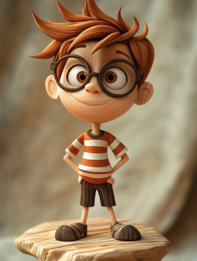 The image shows a wooden cartoon boy with a big smile. He is wearing round glasses, a striped shirt, and shorts. He is standing on a wooden platform. His hair is red and tousled, and his features are exaggerated. The image is a cute and whimsical depiction of a young boy.