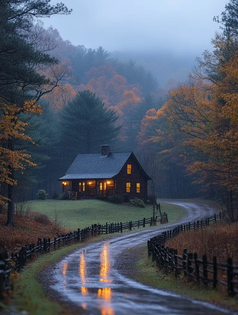 A cozy cabin sits nestled amongst a forest of trees in varying shades of green and brown. The cabin is illuminated by warm light, casting a glow onto the surrounding landscape. A winding, rain-soaked road leads towards the cabin, with a wooden fence lining its edge. The air is thick with mist, creating an ethereal and peaceful atmosphere. The scene evokes a sense of tranquility and solitude, perfect for escaping the hustle and bustle of everyday life.