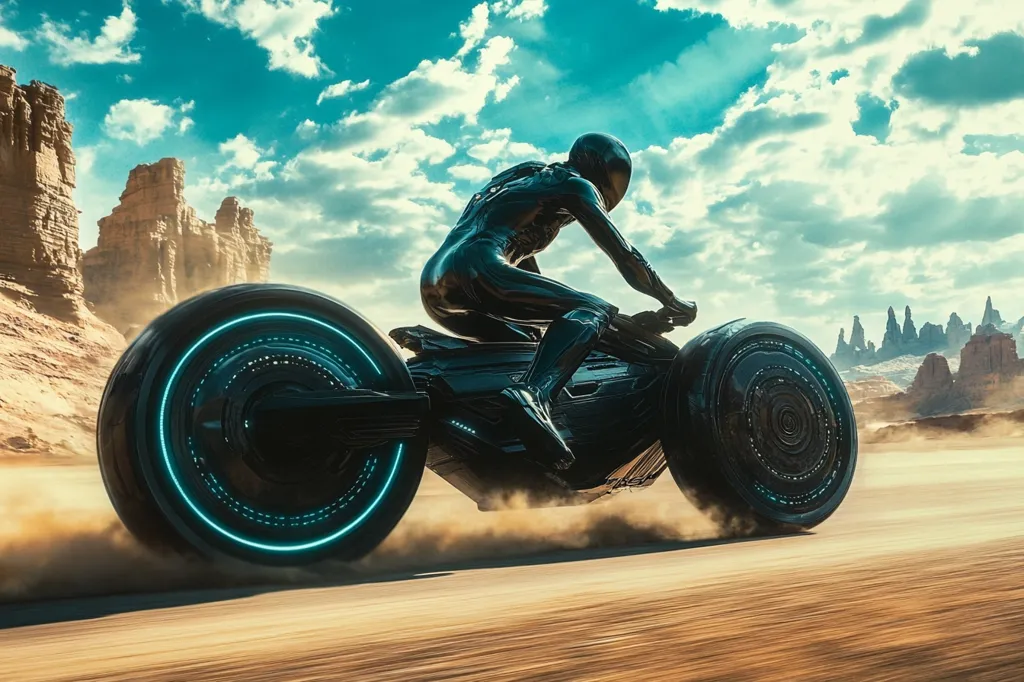 A lone rider in a black suit speeds across a desolate desert on a futuristic motorcycle. The bike has glowing blue rims and the rider is looking ahead.  The rocky cliffs in the distance and the sand kicking up from the speeding bike create a sense of speed and isolation. The bright blue sky with puffy white clouds contrasts with the harsh landscape.