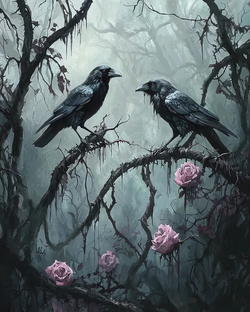 Two black ravens perch on a branch of a gnarled, thorny tree in a misty, eerie forest. The branches are dripping with a dark substance, perhaps sap or water, and the background is obscured by fog. Pink roses bloom amongst the thorns, adding a touch of beauty to the otherwise dark scene. The ravens' watchful gaze and the overall mood of the image evoke a sense of mystery and foreboding.