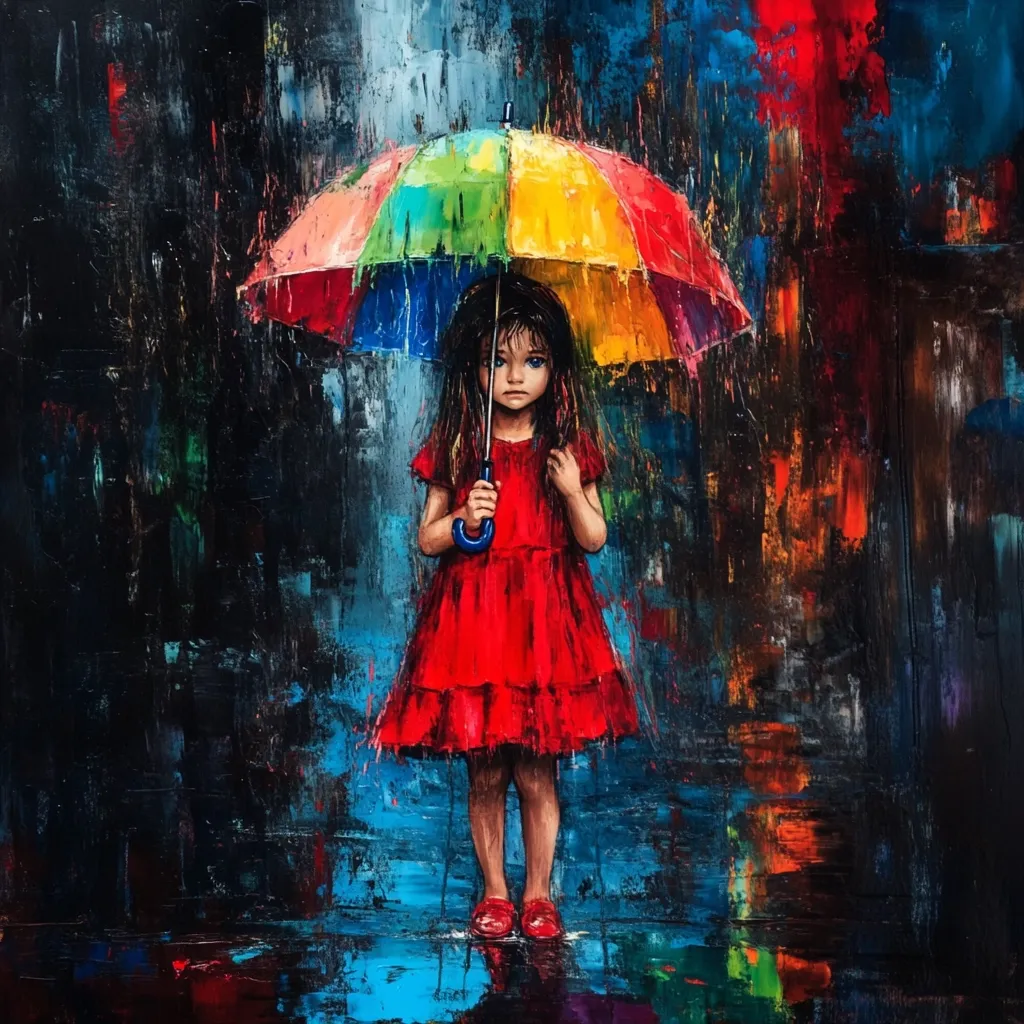 The painting depicts a young girl standing in the rain, holding a colorful umbrella. She is dressed in a red dress and has a sad expression on her face. The background is a blurred abstract of colors, suggesting a stormy atmosphere. The painting conveys a sense of loneliness and isolation, emphasizing the girl's vulnerability in the face of nature's harshness. The use of bold strokes and vibrant colors creates a powerful and emotional effect, inviting the viewer to contemplate the girl's inner world and the complexities of life.