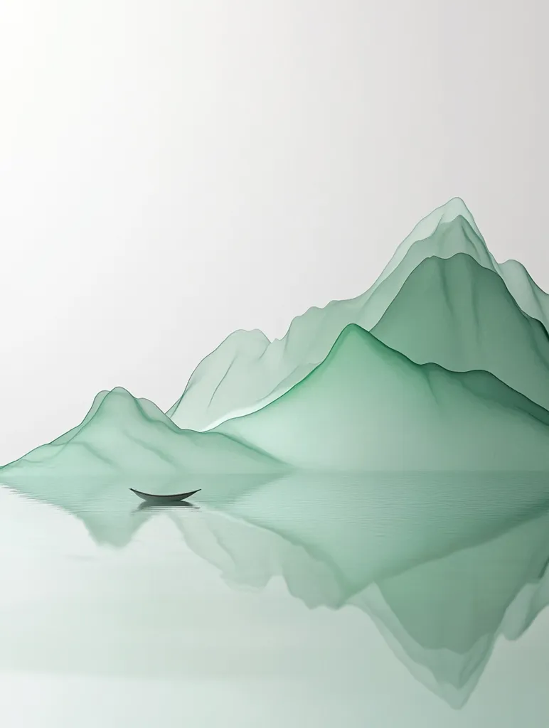 A minimalist, abstract painting depicts a serene landscape. Delicate, translucent green mountains rise from a calm, still body of water. A single, small boat rests on the water, creating a sense of tranquility and solitude. The subtle hues and soft lines evoke a feeling of peace and harmony.