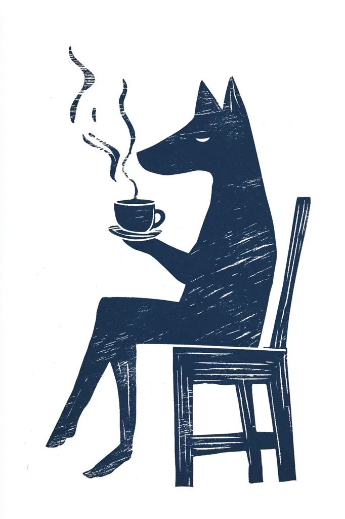 The image is a linocut print of a wolf sitting on a chair, holding a cup of coffee. The wolf is depicted in a dark blue silhouette with a white background. The print is minimalist and illustrative, capturing the essence of a cozy, peaceful moment.  The steam rising from the cup adds a sense of warmth and comfort.  The overall impression is one of quiet contemplation and relaxation.