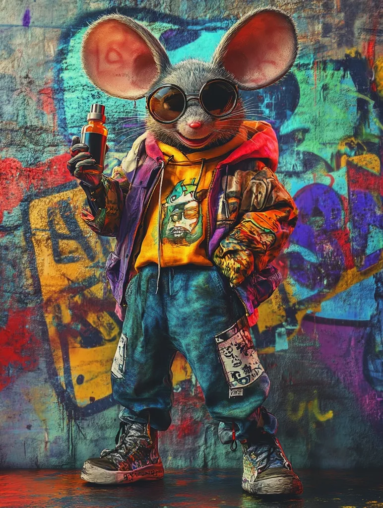 A cartoon mouse with large ears and sunglasses stands against a graffiti wall, wearing a colorful jacket, a yellow hoodie, and jeans.  He is holding a spray can in his right hand, and he has a happy expression on his face. The mouse looks like a street artist, blending in with the urban environment.  The image has a playful and vibrant feel.