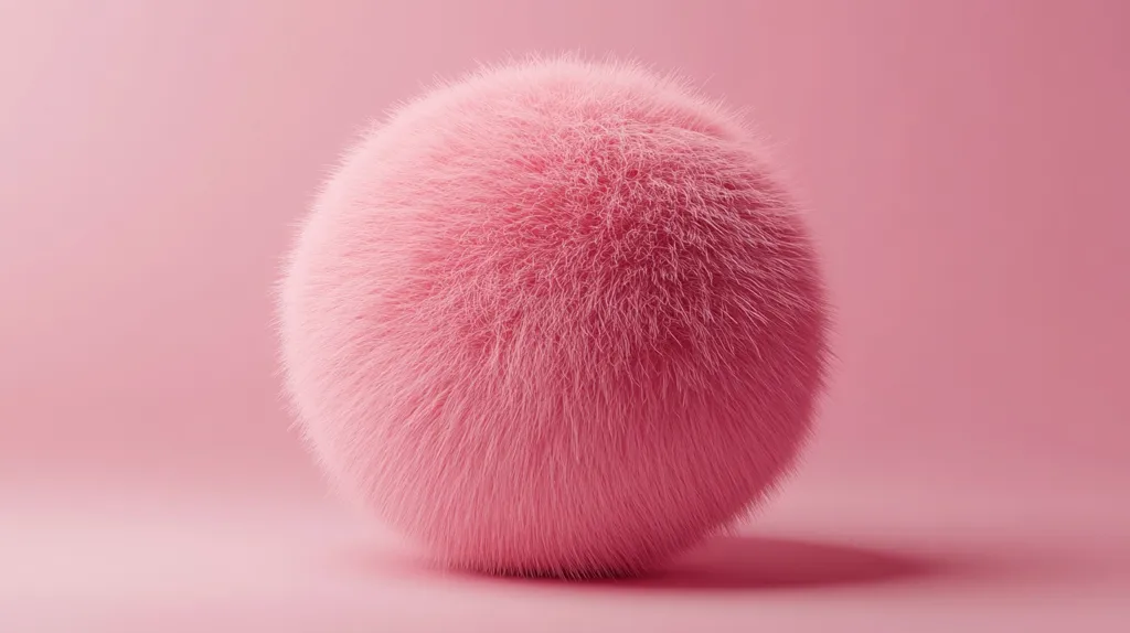 A large, pink, fluffy ball sits on a pink background. The ball is perfectly round and the fur is soft and plush. The light pink background is smooth and contrasts with the texture of the ball, making it stand out. The image is simple and inviting, suggesting softness and warmth.